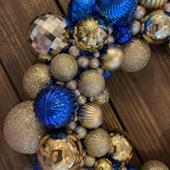 Handmade Blues & Golds Shatterproof Ball Wreath Gender Party Shower Christmas Wreaths